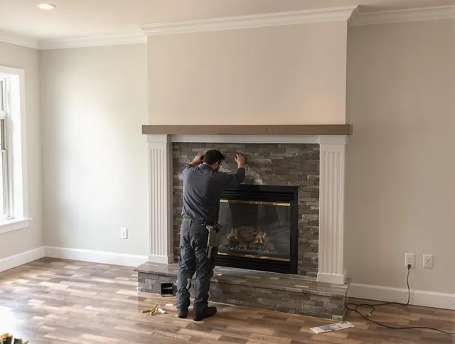 Hialeah Chimney Sweep finishing a custom fireplace install in Hialeah, FL